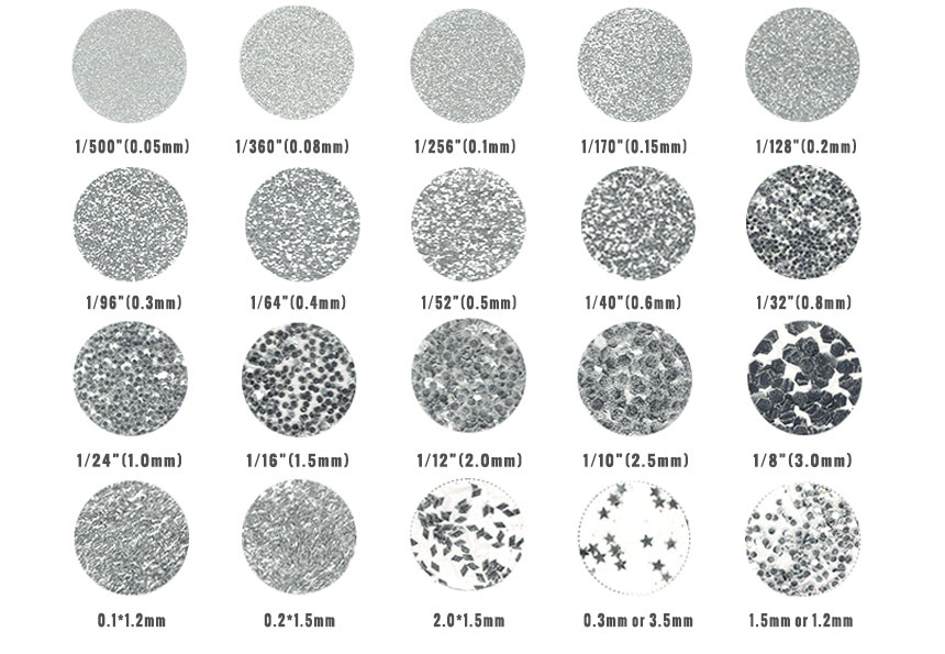 variety of size for colored glitter powder